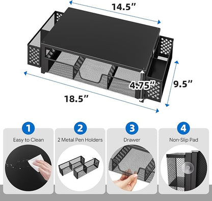 Simple Trending Metal Monitor Stand Riser, Drawer & 2 Pen Holders, Black | 2-in-1 Desk Organizer & Monitor Stand | Sturdy Metal | Drawer + Pen Holders | Ergonomic Support | Space Saving | Easy Setup
