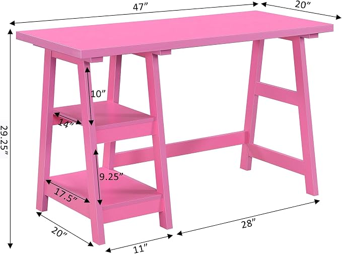 Convenience Concepts Designs2Go Trestle Desk 47" - Modern Desk or Vanity with Shelves, for Office, Dorm, Living Room, Pink