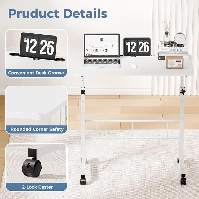 DUMOS 31.5" Walking Pad Desk, Portable Adjustable Height Rolling Laptop Desk with Lockable Wheels, Mobile Stand Up Computer Workstation for Treadmill Home Office White