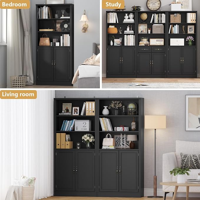 Thacuok 72'' Tall Bookcase with Doors, Adjustable Shelves, P2 MDF Construction, 32'' Wide Freestanding Cabinet with Metal Handles, Hidden Storage for Living Room, Bedroom