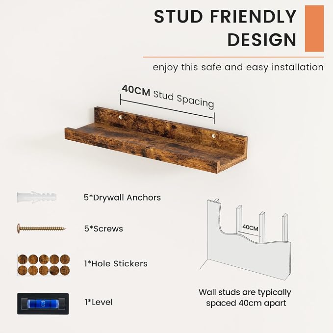 FLYJOE Picture Ledge Shelf, Floating Shelves Set of 2, 16 Inches Nursery Book Shelves for Toys Storage, Kids Bookshelf Wall Mounted for Living Room Bedroom Decor Books Photo Frames, Rustic Brown