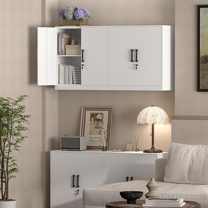 IRONFFICE Wall Cabinet,Lockable Storage Cabinets with Adjustable Shelf,Locking Wall Storage Cabinet with Doors for Laundry Room,Home Office,White