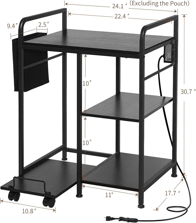 Sedegn Large Printer Stand with 3 AC Outlets for Home Office Devices | Heavy-Duty Printer Table for Laser Printer, Side Paper Storage Bag, 3-Tier Organizer for Shredder, PC Tower & Supplies, Black
