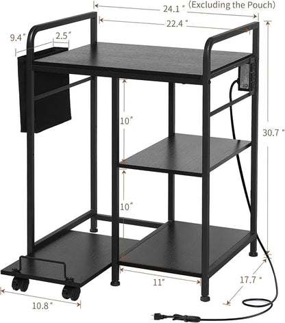 Sedegn Large Printer Stand with 3 AC Outlets for Home Office Devices | Heavy-Duty Printer Table for Laser Printer, Side Paper Storage Bag, 3-Tier Organizer for Shredder, PC Tower & Supplies, Black