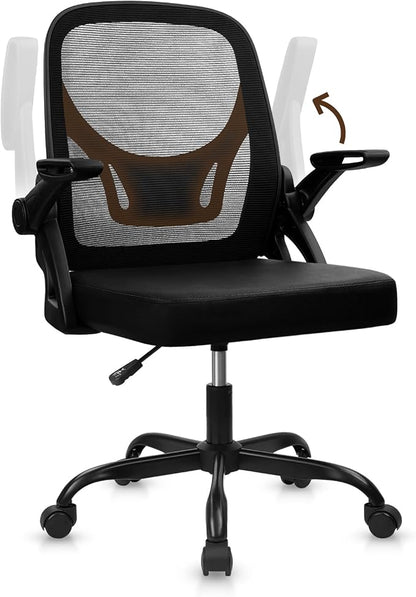 CLATINA Office Chair with Wheels, Ergonomic Flip Up Arms Mesh Back Desk Chairs with Lumbar Support, PU Leather Seat Adjustable Height Swivel Rolling Computer Task Chair for Study Home School, Black