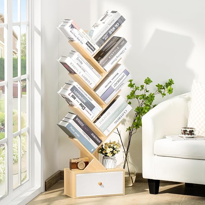SHEEPAM 8 Tier Tree Bookshelf with Drawer, Free Standing Wood Bookcase for Narrow Space, Storage Organizer Bookshelves for Books, Book Case for Home Office, Living Room, Bedroom - Natural
