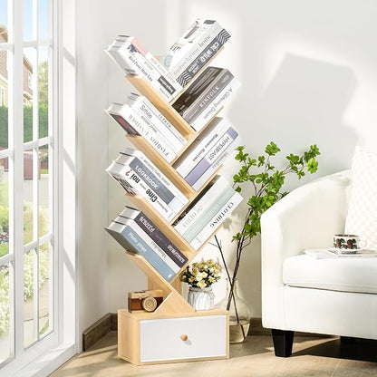SHEEPAM 8 Tier Tree Bookshelf with Drawer, Free Standing Wood Bookcase for Narrow Space, Storage Organizer Bookshelves for Books, Book Case for Home Office, Living Room, Bedroom - Natural