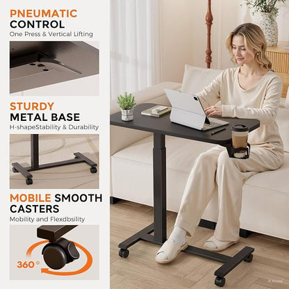 GTPLAYER Small Standing Desk with Lockable Wheels, Pneumatic Mobile Rolling Laptop Desk,Adjustable Height Overbed Bedside Table Computer Workstation for Home Office (28" W x 16" D, Black)