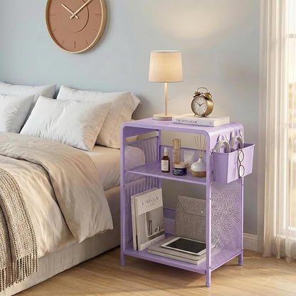 ECOLOVI 3 Tier Printer Stand for Under Desk, Height Adjustable Shelf Small Printer Table with 3 S-Hooks & Basket, Heavy Duty Industrial Storage Shelf for Home Office (Purple Metal)