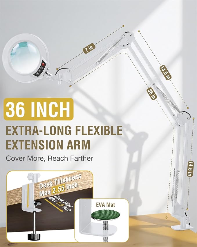 12X Magnifying Glass with Light and Clamp, Ultra Long 3 Section Swing Arm LED Desk Lamp, Real Glass Lens, 5 Color Modes Dimmable, Hands Free Lighted Magnifier with Stand for Repair Crafts - White