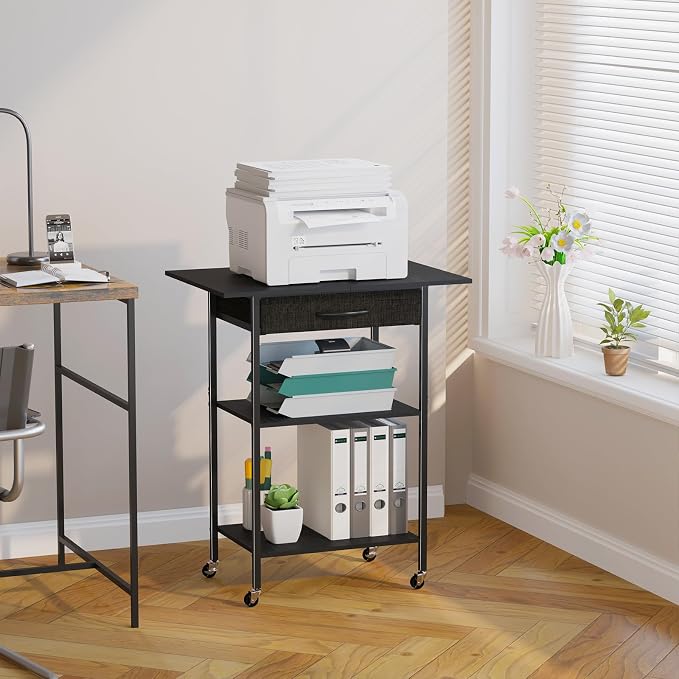 Arbuxzuy 3-Tier Printer Stand, Printer Table with Fabric Drawer, Industrial Printer Storage Cart with Wheels, Rolling Printer Stand for Heat Press Scanner Fax, Black