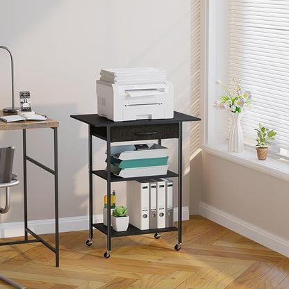 Arbuxzuy 3-Tier Printer Stand, Printer Table with Fabric Drawer, Industrial Printer Storage Cart with Wheels, Rolling Printer Stand for Heat Press Scanner Fax, Black
