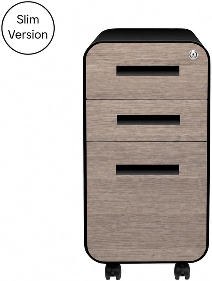 Laura Davidson Furniture Stockpile Slim 3-Drawer Mobile File Cabinet with Lock - Under Desk Metal Filing Cabinet, Legal/Letter File Folders, Wheels & Stationary Feet, Assembled, Black/Wood Faceplate