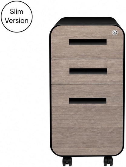 Laura Davidson Furniture Stockpile Slim 3-Drawer Mobile File Cabinet with Lock - Under Desk Metal Filing Cabinet, Legal/Letter File Folders, Wheels & Stationary Feet, Assembled, Black/Wood Faceplate