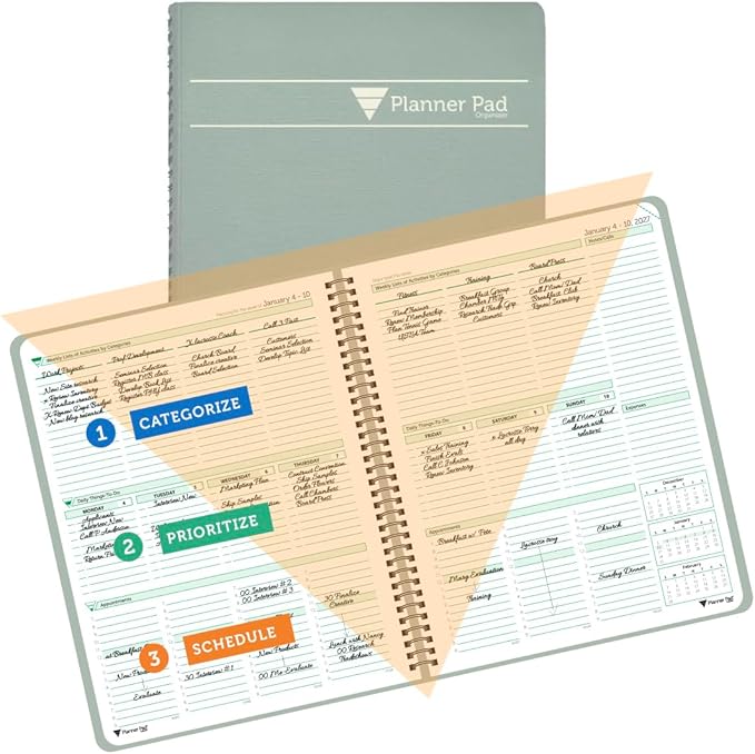 Planner Pad Spiral Bound January-December 2027/ Calender Year 8 1/2" x 11" Large 3-Tier Funnel Down 12 Month/Weekly Organizer, Greenish Grey Cover/Soft Green Ink