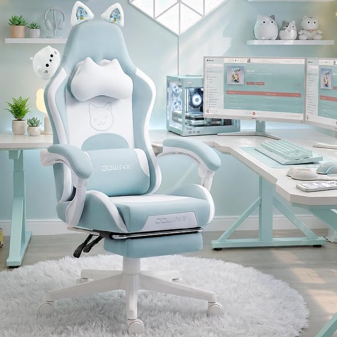 Dowinx Gaming Chair with Cat Ears and Massage Lumbar Support, Ergonomic Computer Chair with Footrest and Headrest, Comfortable Reclining Game Chair 290lbs for Adults, Blue