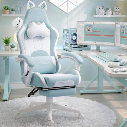 Dowinx Gaming Chair with Cat Ears and Massage Lumbar Support, Ergonomic Computer Chair with Footrest and Headrest, Comfortable Reclining Game Chair 290lbs for Adults, Blue