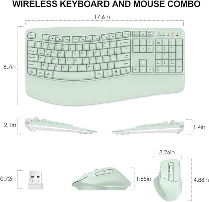 Wireless Keyboard and Mouse Combo, 2.4G Full Size Wave Keys Ergonomic Keyboard with Wrist Rest and 3-Level DPI Adjustable Wireless Ergonomic Mouse for Windows, Mac OS Desktop/Laptop/PC(Avocado Green)