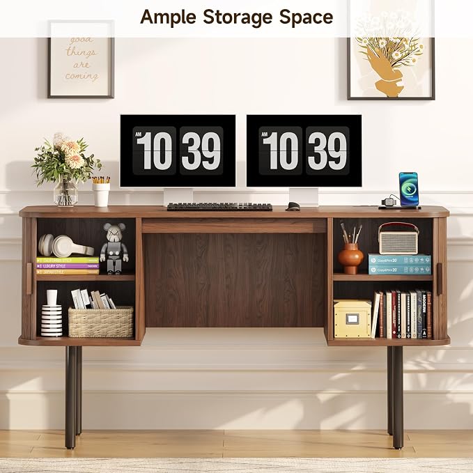 ONBRILL 55 Inch Fluted Computer Desk with Charging Station, Mid Century Executive Desk with 2 Storage Cabinets, Modern Home Office Large Desk with Metal Legs for Working, Studying, Writing, Walnut