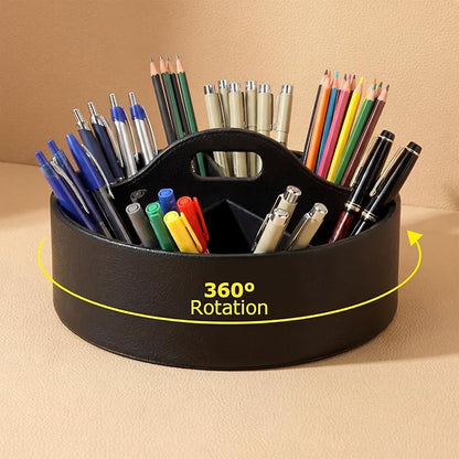 360° Rotating Leather Desk Storage Organizer with 6 Slots and Handle Extra-large Pen Holder Spinning Pencil Storage Lazy Susan Organizer Office Desk Supplies Marker, Art Supply(Black)
