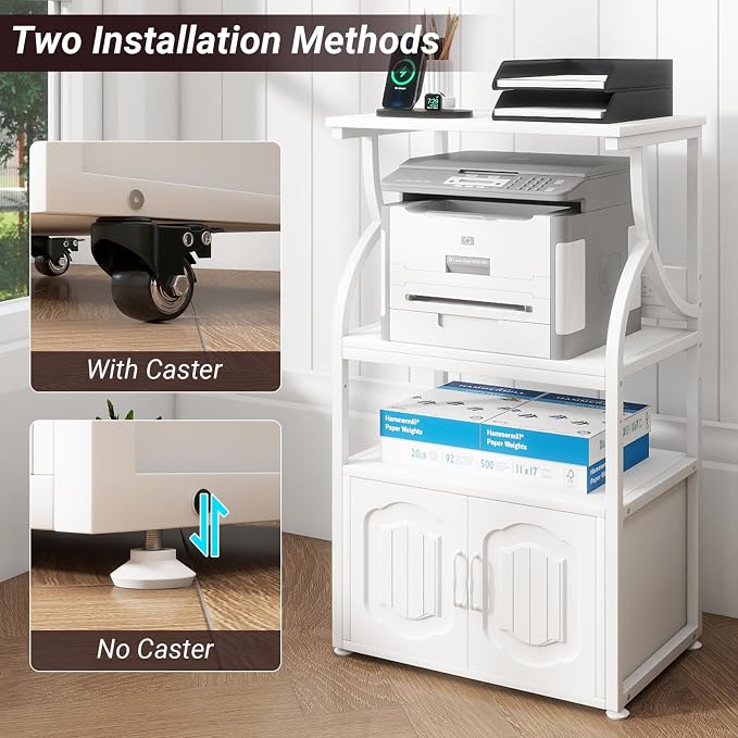 Natwind 4 -Tier Rolling Printer Stand with Power Outlet,23.6"x15.8",White | Printer Table with Adjustable Open Shelf,Home Office Storage Filing Cabinet on Lockable Wheels for Printer,Scanner and Files