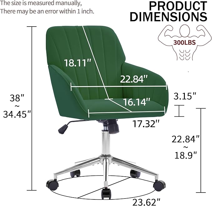 YITAI Velvet Office Desk Chair with Silver Foot Base, with Wheels,Modern Height Adjustable 360 Degree Swivel Upholstered Vanity Chairs with Arms for Living Room Bedroom,Green