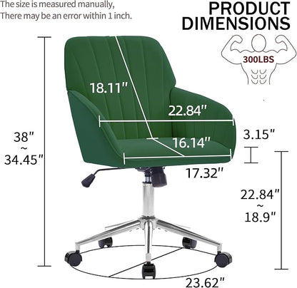 YITAI Velvet Office Desk Chair with Silver Foot Base, with Wheels,Modern Height Adjustable 360 Degree Swivel Upholstered Vanity Chairs with Arms for Living Room Bedroom,Green