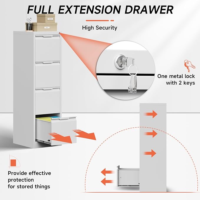 4 Drawer File Cabinet,Metal Vertical File Storage Cabinet with Lock,Filing Cabinets for Home Office,A4 Legal/Letter, Assembly Required(White)