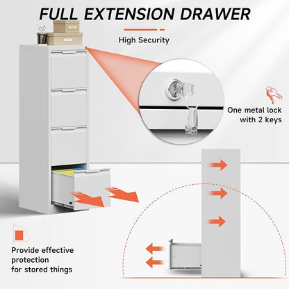 4 Drawer File Cabinet,Metal Vertical File Storage Cabinet with Lock,Filing Cabinets for Home Office,A4 Legal/Letter, Assembly Required(White)