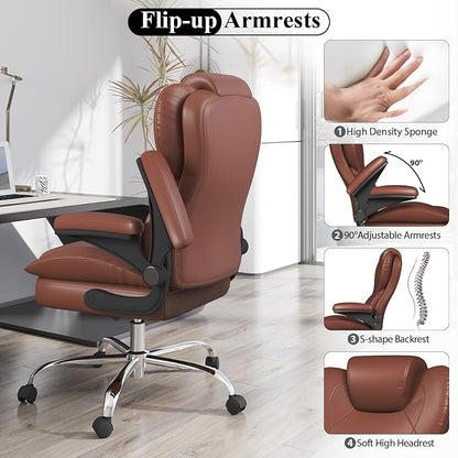 Office Desk Chair, Executive Leather Office Chair, High Back Ergonomic Home Desk Chair with Padded Flip-up Arms, Big and Tall Computer Chair with Rocking Function, 360°Swivel Free, Light Brown