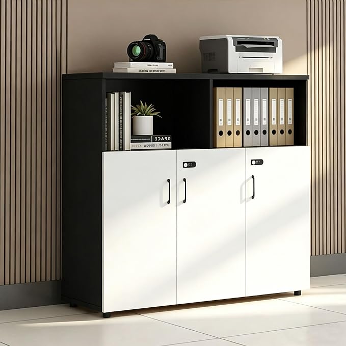 File Cabinet with Password Lock, Wood Lateral Filing Cabinet for Letter/A4 Files, 3 Drawer with Door, Printer Stand with Open Shelves for Home Office