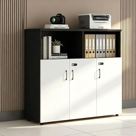 File Cabinet with Password Lock, Wood Lateral Filing Cabinet for Letter/A4 Files, 3 Drawer with Door, Printer Stand with Open Shelves for Home Office