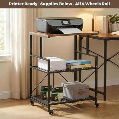 DEANIC Heavy Duty 3-Tier Printer Stand with Locking Wheels, 23.6 x 18.9 x 30 Inches Folding Printer Table with Storage, Large Printer Table Shelf, Easy Assembly for Home Office, Black