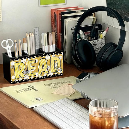 Bee Read Pen Pencil Holder for Classroom Desk Accessories Decor | Teacher Bee Classroom Accessories, Bee Pen Pencil Wooden Organizer Decorations for Kids Reading Corner Room Tabletop Desk