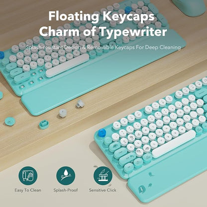 Wireless Keyboard and Mouse Combo, Full-Size Retro Typewriter Keyboard with Round Keycaps, Magnetic Wrist Rest, Tilt Legs, 2.4GHz Cordless for Mac, Windows PC, Laptop, SABLUTE CK23, Robin Egg Blue