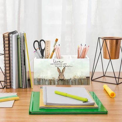 Bunny Gifts Pen Holder for Desk, Rustic Easter Bunny Rabbit Pencil Organizer, Live Like Someone Left The Gate Open Cabin Animal Wooden Pen Holder Desk Accessories Decor for Home Office