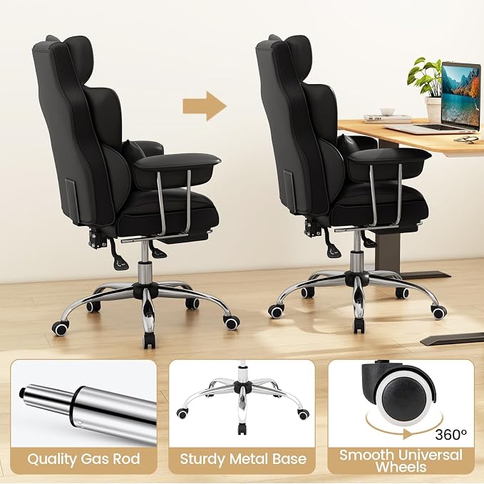 COSTWAY 400 LBS Big and Tall Office Chair, PU Leather Executive Desk Chair w/Retractable Footrest, Reclining Function, Lumbar Support, Ergonomic High Back Home Computer Task Chair (Black)
