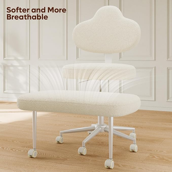 Pinmoco Cross Legged Office Chair with Wheels, Meditation Chair, ADHD Chair for Adults, Wider Height Adjustable Backrest and Seat, Yoga Office Chair, Teddy Fabric, Off White