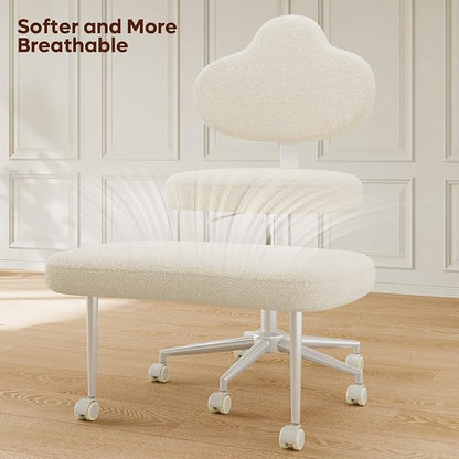 Pinmoco Cross Legged Office Chair with Wheels, Meditation Chair, ADHD Chair for Adults, Wider Height Adjustable Backrest and Seat, Yoga Office Chair, Teddy Fabric, Off White