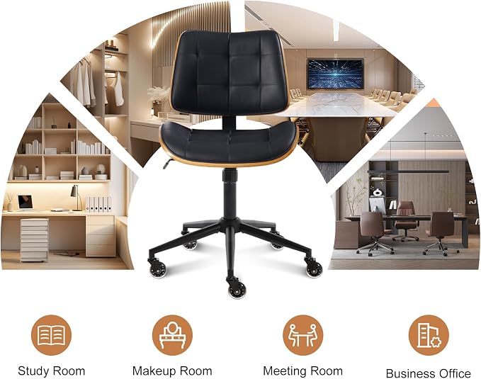 BV Armless Office Chair with Rubber Wheels, 360° Swivel Adjustable Task Chair, PU Leather Rolling Desk Chair for Home Office, Study and Conference Room, Black