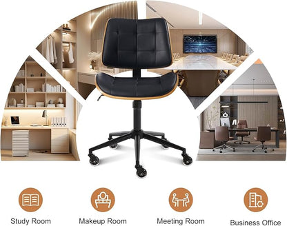 BV Armless Office Chair with Rubber Wheels, 360° Swivel Adjustable Task Chair, PU Leather Rolling Desk Chair for Home Office, Study and Conference Room, Black