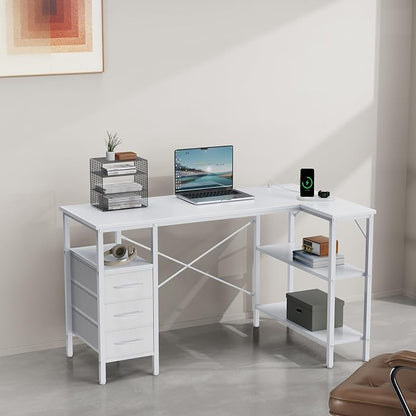 Simple Deluxe L Shaped Gaming Desk with Power Outlets, 47 Inch Computer Desk with 3 Drawers, Shelves, Corner Computer Desk for Gaming, Corner Work, Home Office, Study, White