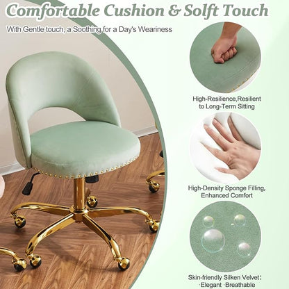 VINGLI Modern Velvet Small Office Chair,Cute Desk Chair with Wheels,Gold Base/Studs, Comfy Armless Swivel Vanity Task Chair for Women/Girl/Kids, Nail Tech Chair for Bedroom,Small Space,Mint Green
