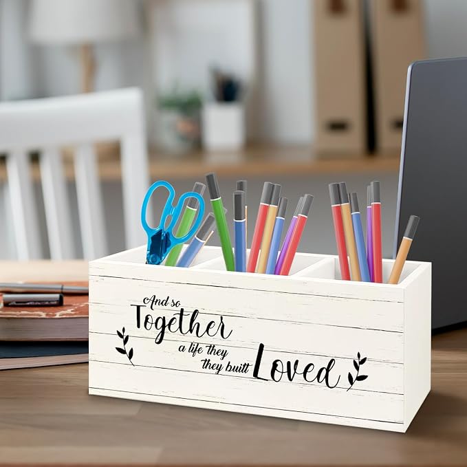 and So Together They Built a Life They Loved Makeup Brush Toothbrush Holder Organizer, Anniversary Wedding Couples Gifts Wooden Pen Pencil Holder for Home Office Desk Accessories