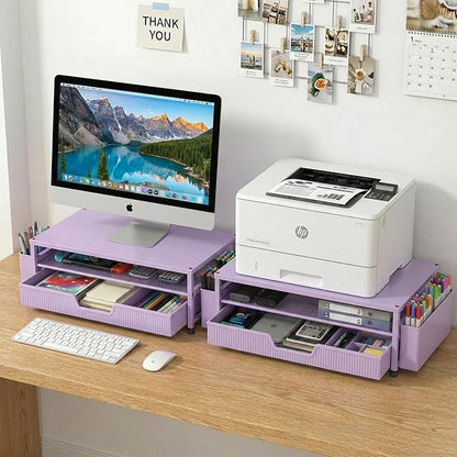 ECOLOVI Desk Organizer and Accessories, 2-Tier Computer Monitor Stand Rise with Storage Drawer & 2 Pen Holders, Laptop & Printer Stand for Desktop, Workspace Organizers for Office Supplies (Purple)