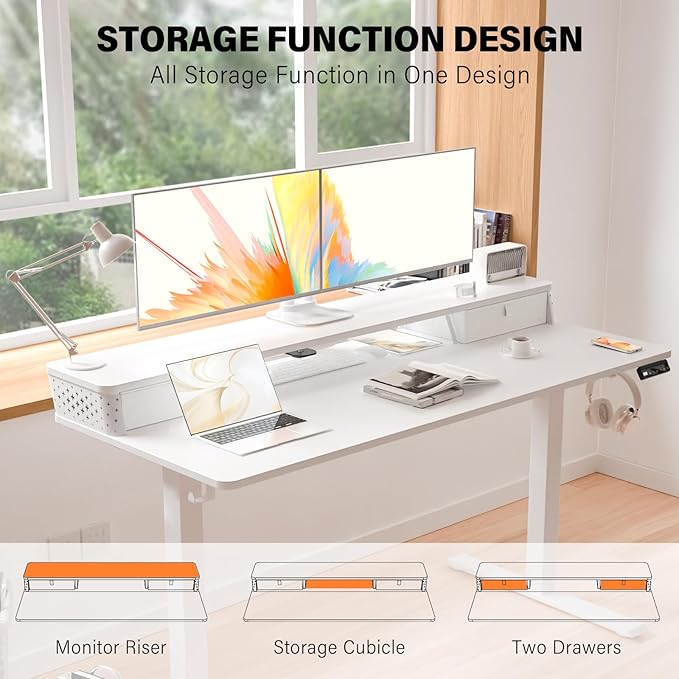 Electric Standing Desk with Two Drawers,48 x 24 Inch Sit Stand Desk Adjustable Height, Stand Up Desk with Storage Shelf, Computer Workstation for Home Office, White