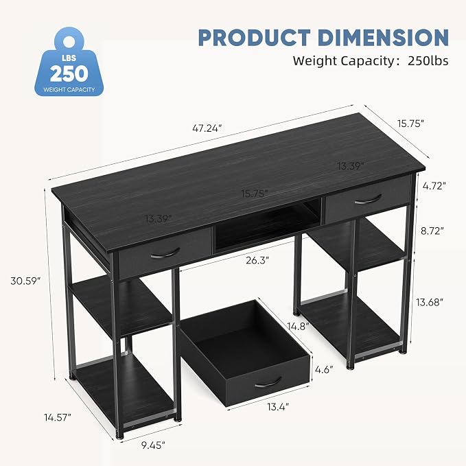 48" Small Gaming Desk with Drawers, Home Office Computer Writing Study Table with Storage Side Bag, Headphone Hook, and Adjustable Feet for Bedroom, Ink