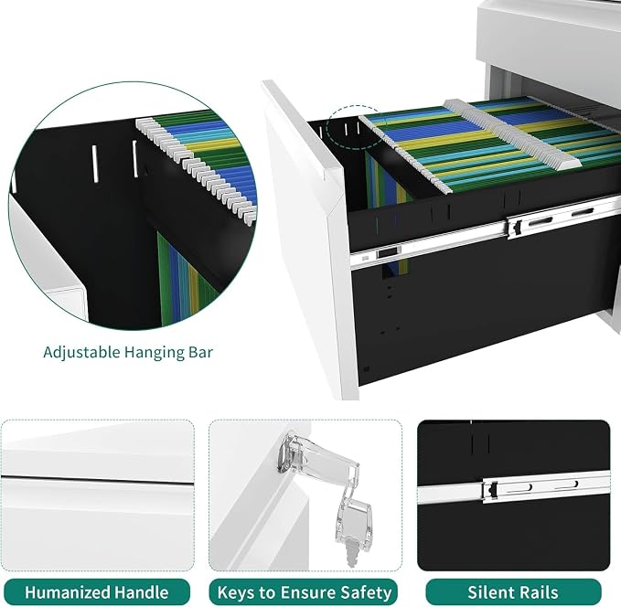 YITAHOME 3-Drawer Rolling Filing Cabinet Office Drawers, Lockable Office Storage Cabinet with Hanging Bars and Pencil Tray, Pre-Assembled Metal File Storage Under Desk (White)