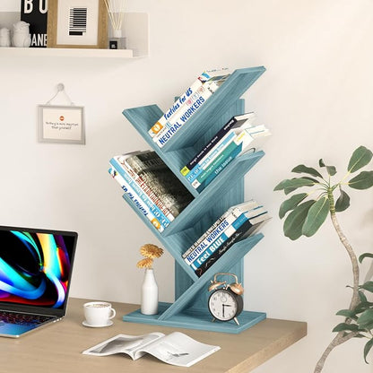 SHEEPAM 5 Tier Tree Book Shelf, Small Desktop Bookshelf with Storage Organizer, Wood Bookcase, Desk Display Bookshelves, Floor Standing Organizer Bookcases for Living Room,Bedroom,Office-Blue