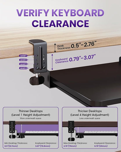 Ergonomic Mouse & Keyboard Tray Under Desk, Pull Out with Adjustable C-clamp, 20 (25.9 Including Clamps) x 11.8 Inch Slide Out Computer Keyboard Drawer Mouse Tray for Typing, Black